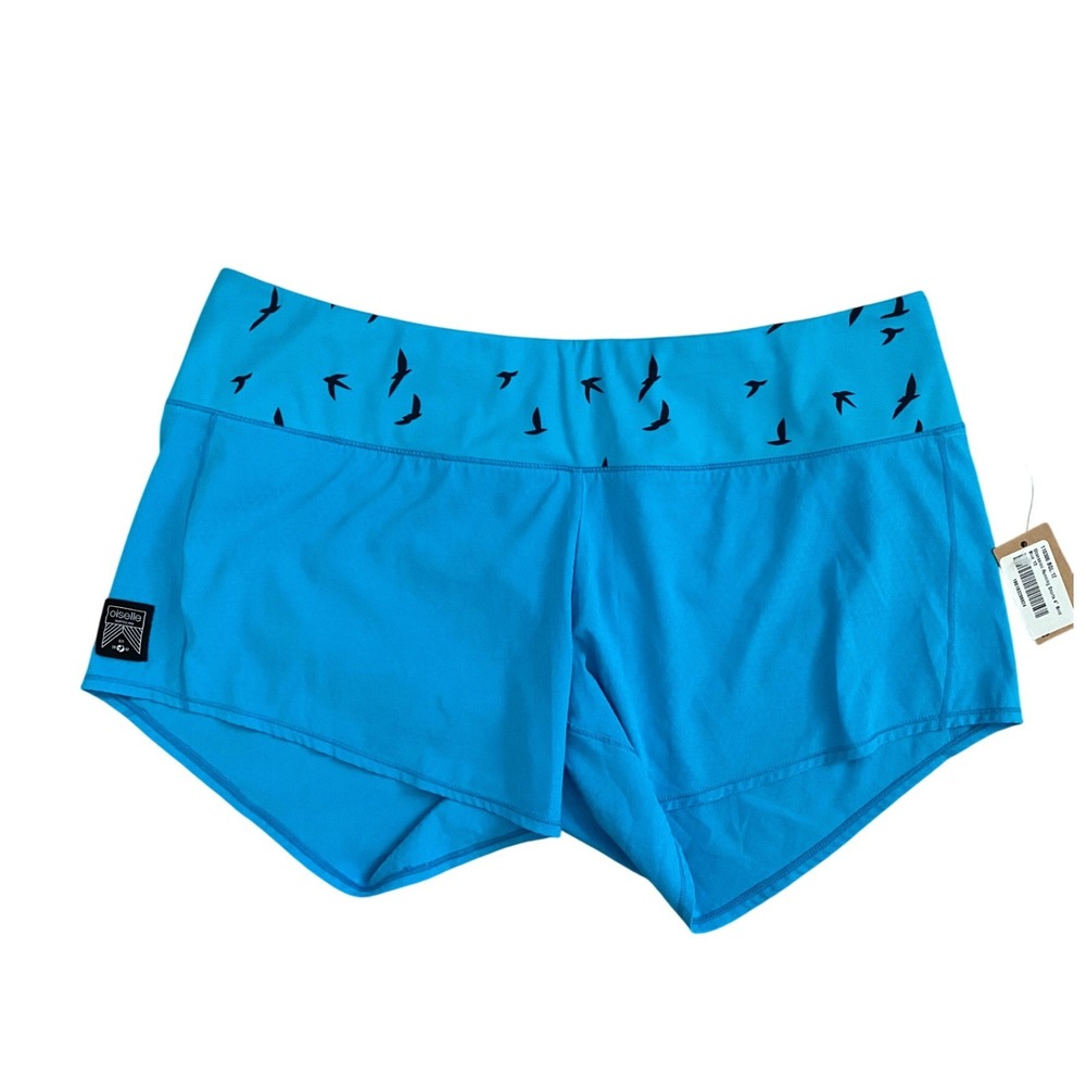 Oiselle Obsession Running Shorts Women 12 Blue 4 Inch Inseam Bird Print Sporty
